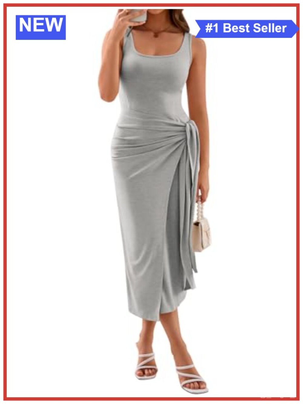Women's Midi Bodycon Tank Dress Square Neck Ruched Tie Waist Sleeveless
